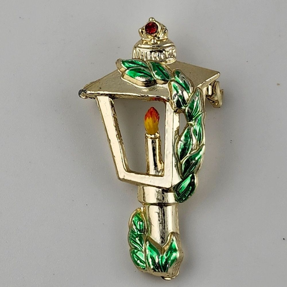 Vintage Gold Tone Lantern Brooch Pin With Enamel Accents & Red Rhinestone